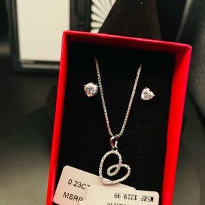 Mossinate Silver Heart Pendant Necklace and Stud Earrings Set - Clear Crystal